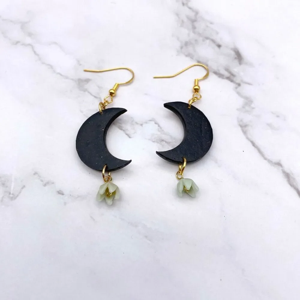 Black Moon Lily of the Valley Dangle Earrings